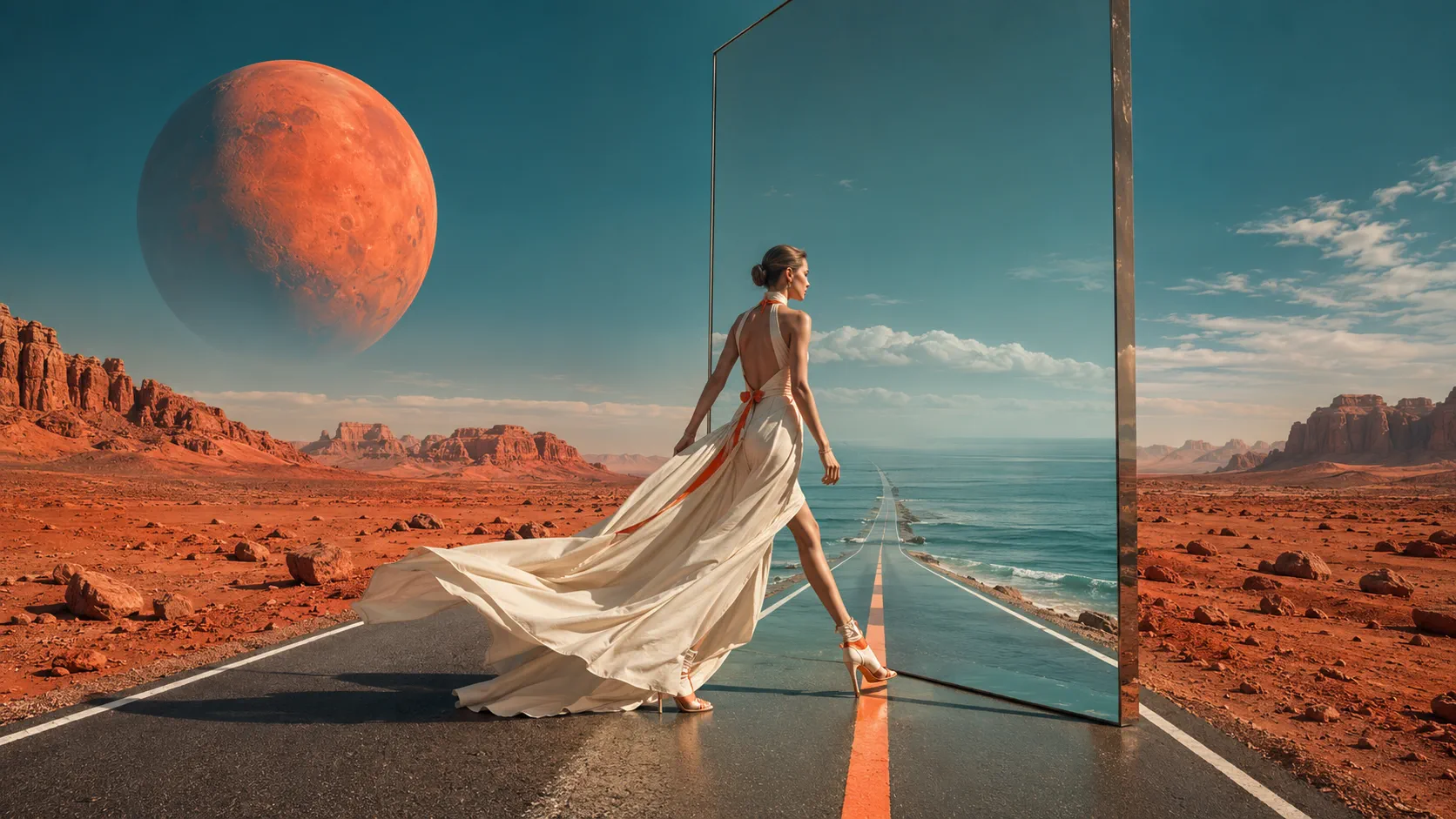 Mars 时尚人物穿越火星上的镜面之门